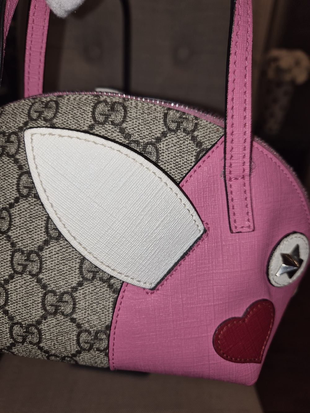 Gucci Kids GG Supreme Zoo Line Pink Leather Rabbit Face Pyramid Top Handle Bag - Picture 3 of 16